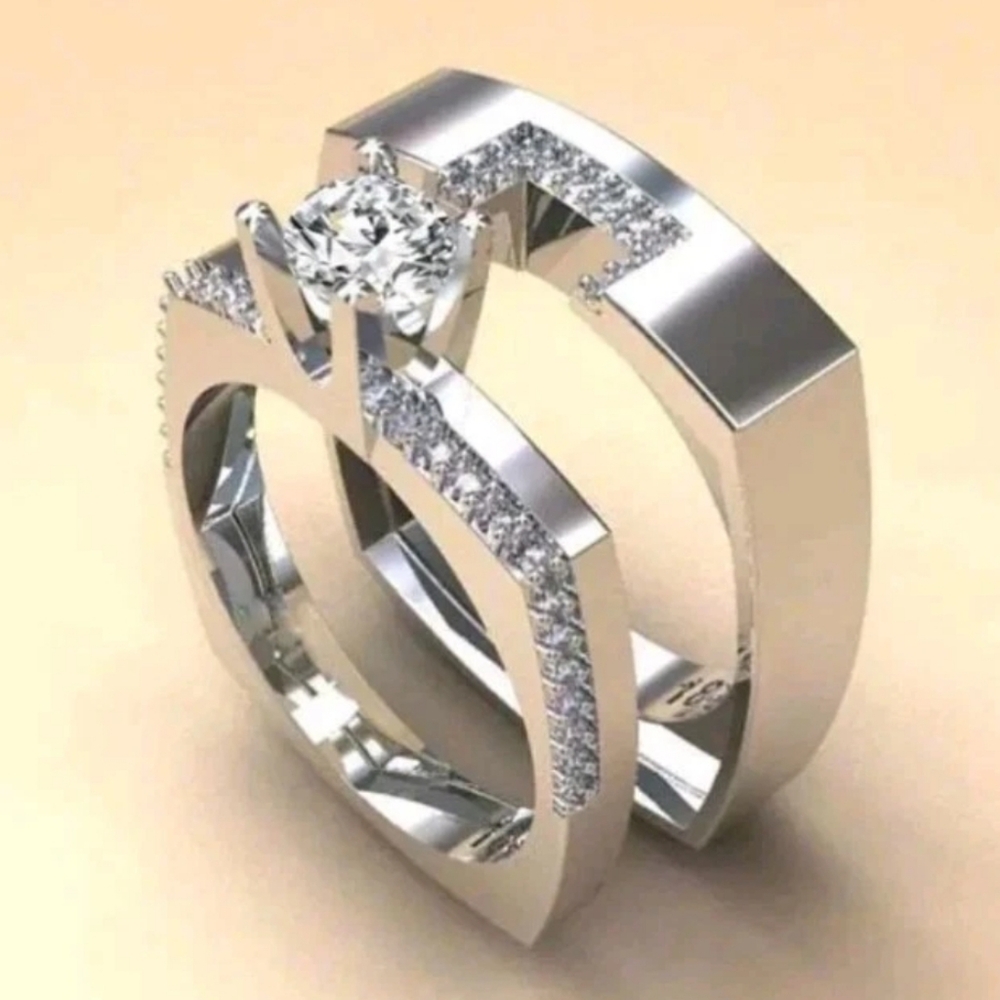 Men's Silver-tone Clear Cubic Zirconia Solitaire Ring 2pc Set Sz 10